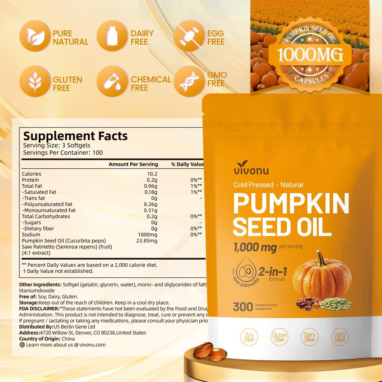 VivoNu Pumpkin Seed Oil with Saw Palmetto Capsules,3800mg 300 Softgels | Cold Pressed,Pure Virgin Oil,Essential Fatty Acids&Phytosterols | Supports Hair,Urinary,Bladder&Prostate Health|Non-GMO