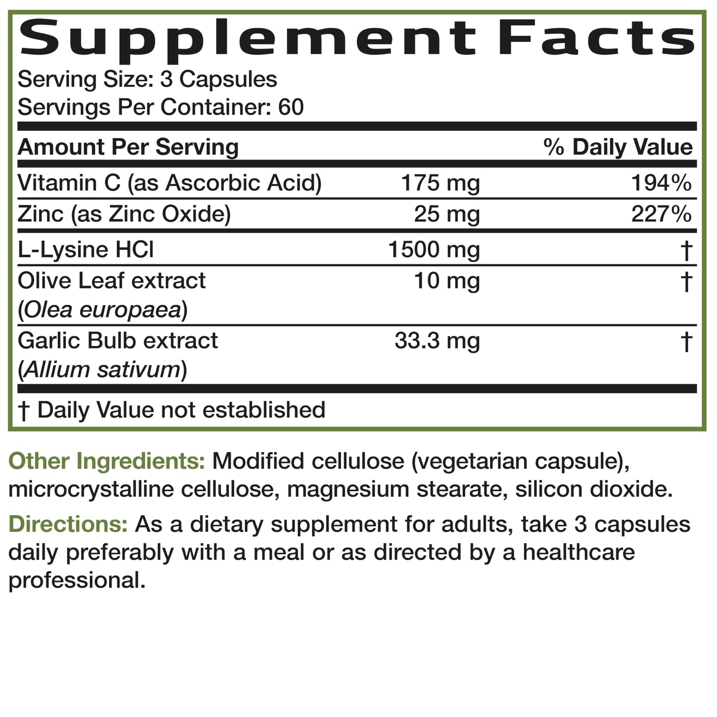 Bronson L-Lysine Defense Immune Support Complex, 1500 mg, 90 Capsules | Essential Amino Acid with Olive Leaf, Garlic, Vitamin C & Zinc, Vegetarian, Non-GMO, Gluten-Free & Soy-Free