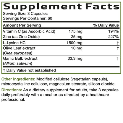 Bronson L-Lysine Defense Immune Support Complex, 1500 mg, 90 Capsules | Essential Amino Acid with Olive Leaf, Garlic, Vitamin C & Zinc, Vegetarian, Non-GMO, Gluten-Free & Soy-Free