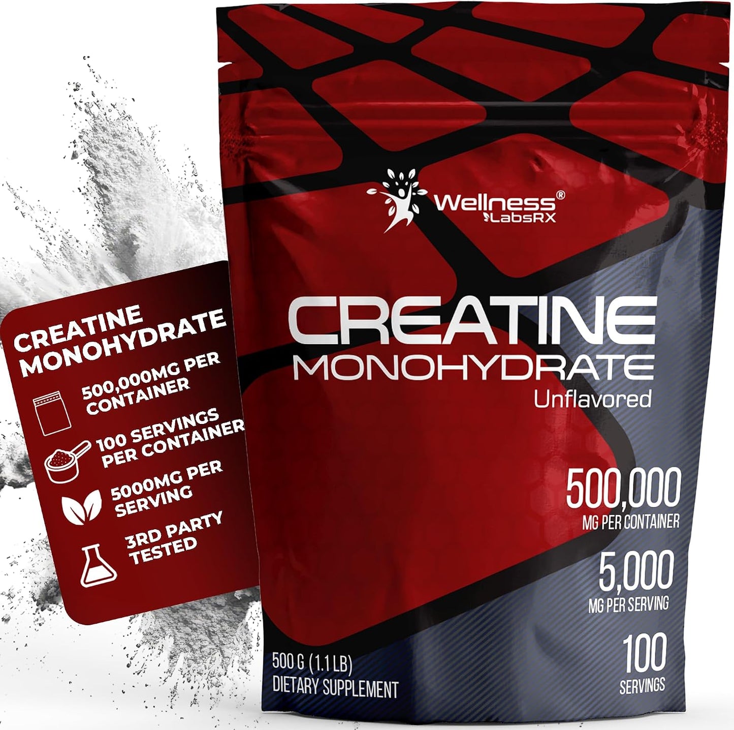 WELLNESS LABSRX Creatine Monohydrate Powder 500g – 100 Servings Micronized Creatine Powder Supplement, Unflavored Creatine for Women and Men, Supports Muscle Strength, Energy, Endurance and Workout