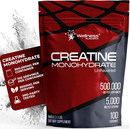 WELLNESS LABSRX Creatine Monohydrate Powder 500g – 100 Servings Micronized Creatine Powder Supplement, Unflavored Creatine for Women and Men, Supports Muscle Strength, Energy, Endurance and Workout
