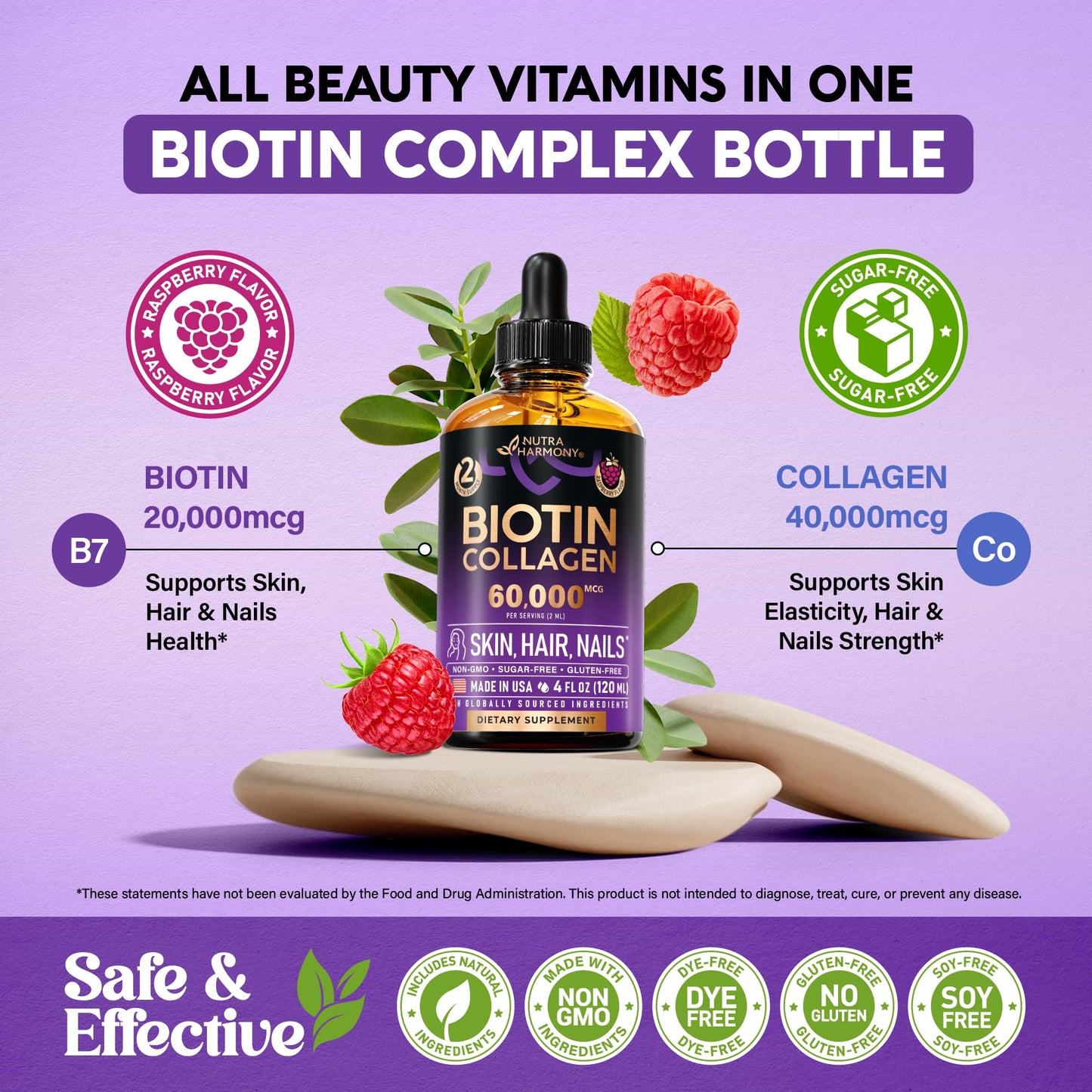 Liquid Biotin & Collagen 60,000 mcg - Vitamins for Hair Growth Support - Extra Strength Drops for Women & Men - Liquid Collagen Supplement - Strong Nails & Healthy Skin - Raspberry Flavor, 2 Fl Oz