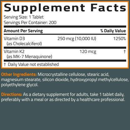 Bronson Vitamin K2 (MK7) with D3 Supplement Extra Strength 2 in 1 Support, 10,000 IU Vitamin D3 & 120 mcg K2 MK-7, 120 Tablets