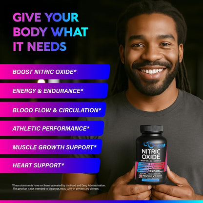 Nitric Oxide Supplement for Men & Women 2250 mg - Nitric Oxide Booster - Pine Bark | L-Arginine | L-Citrulline | Beet Root | Vitamin C & B12 - Muscles, Energy & Circulation - Lab Tested, 90 Capsules