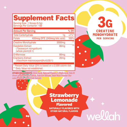 Wellah Creatine for Women - Creatine Monohydrate with Dandelion & Cranberry Extract (50 Servings, Strawberry Lemonade) | Creatine Monohydrate with Dandelion & Cranberry Extract