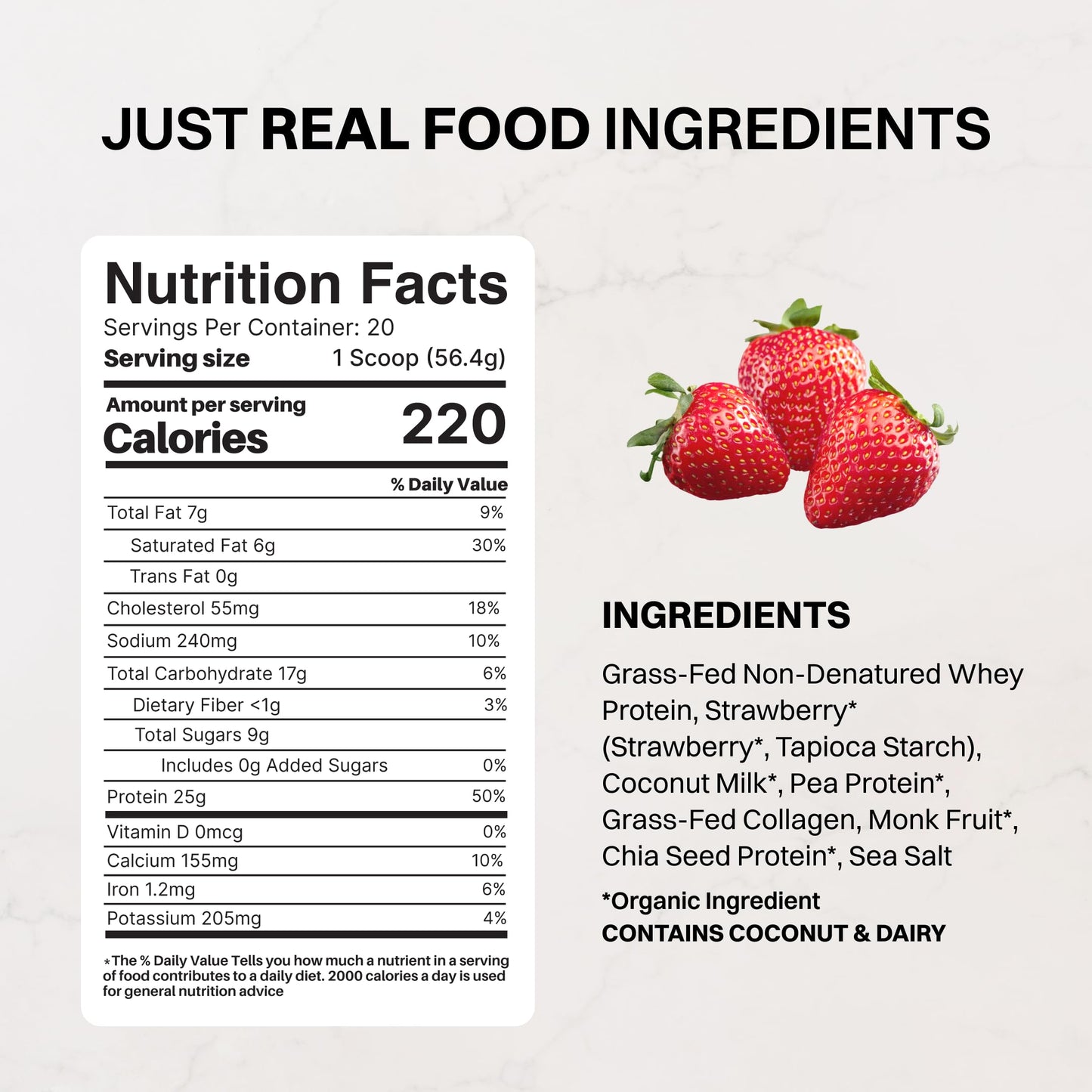 JUST INGREDIENTS Vanilla Bean Protein Powder – 20-Serving Blend with 100% Grass-Fed Whey & Organic Plant Proteins – Real Vanilla Bean & Cinnamon – Supports Muscle Recovery, Energy*