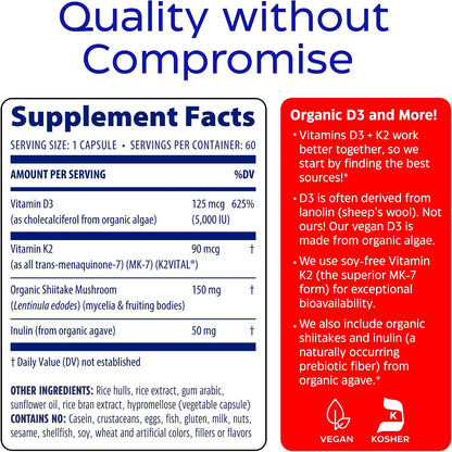 Enzymedica Vitamin D3 and K2 Supplement Caps for Men & Women - VIT D3 5000 IU & VIT K2 MK-7 90 mcg, Immune & Bone Health Support, Features Shitake Mushrooms & Prebiotic Fiber, Vegan - 60 Capsules