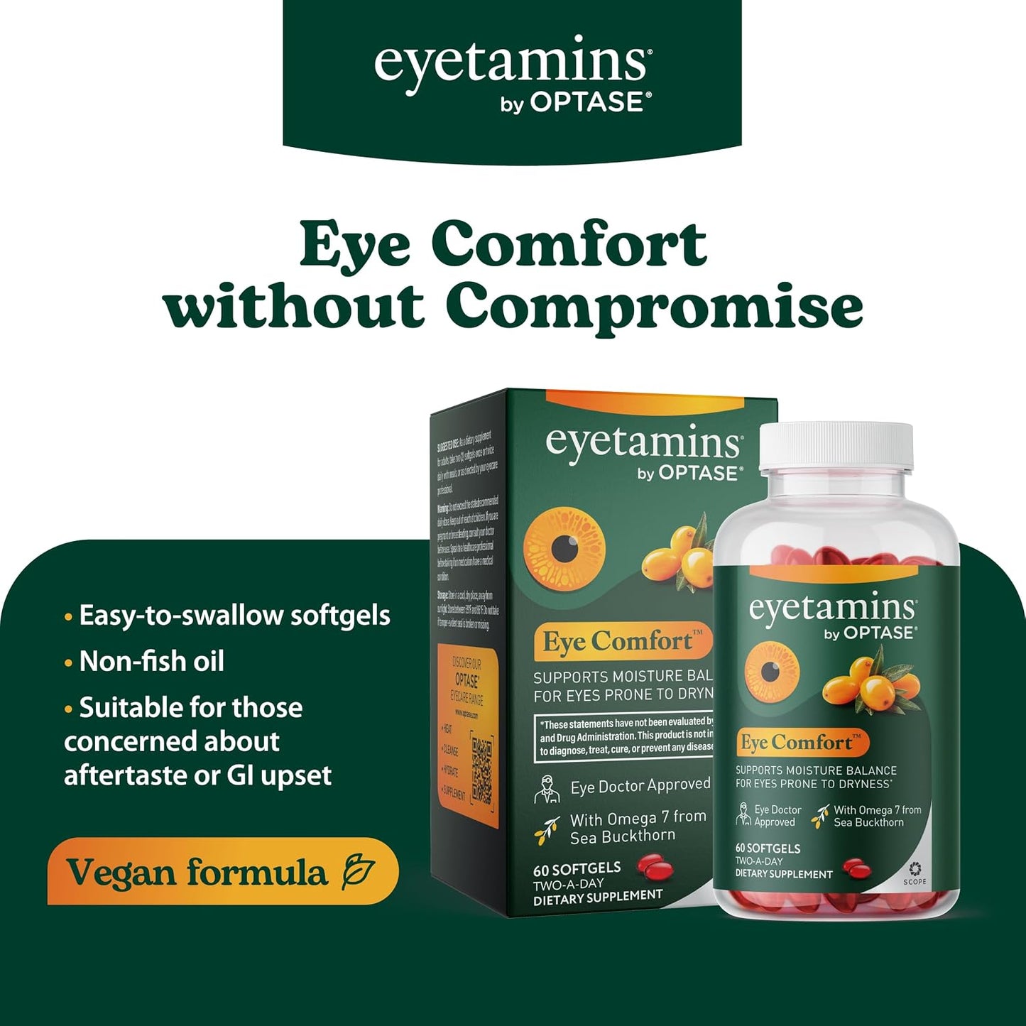 eyetamins® by OPTASE® Eye Comfort™ - 60 Softgels - Eye Doctor Recommended - an Omega-Based Eye Supplement formulated to Support Moisture Balance and Eye Comfort from Within. Plant Based Soft gels.