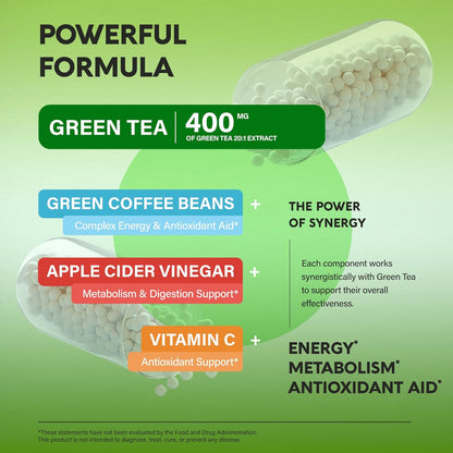 Green Tea Extract - 50% EGCG, Extra Strength 20:1 Extract - Natural Green Tea Supplement + Green Coffee Beans & Apple Cider Vinegar - Energy & Metabolism Support - for Men & Women - Vegan 120 Capsules