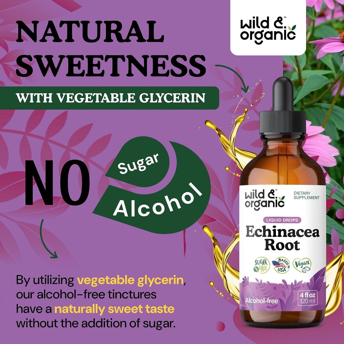 Wild & Organic Echinacea Drops - Immune & Lymphatic Drainage Drops - Liquid Echinacea Supplement - Add to Tea Tincture - Angustifolia Herb Extract - Vegan, Sugar & Alcohol-Free - 4 fl oz