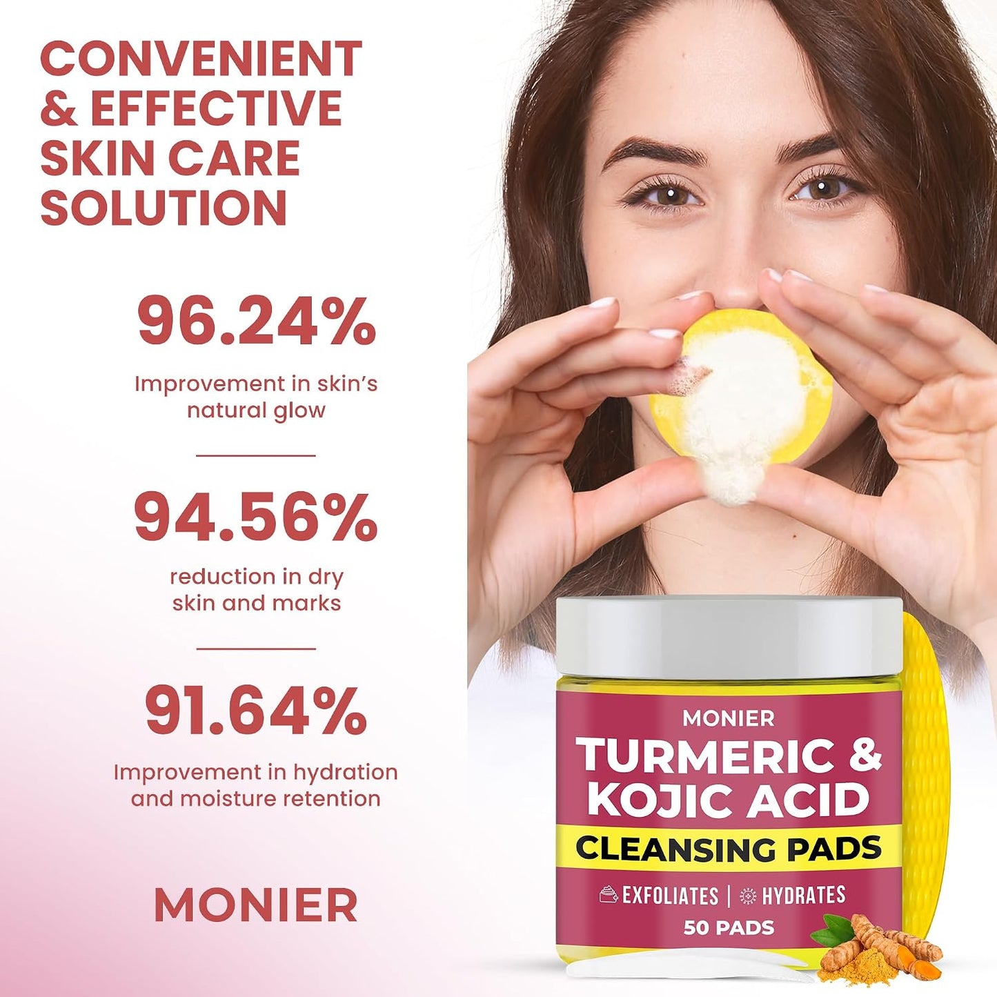 Turmeric Kojic Acid Cleansing Pads for Face Dark Spots - Hydrates & Plumps | With Vitamin C & E, Sensitive Skin Friendly (50 Pads)
