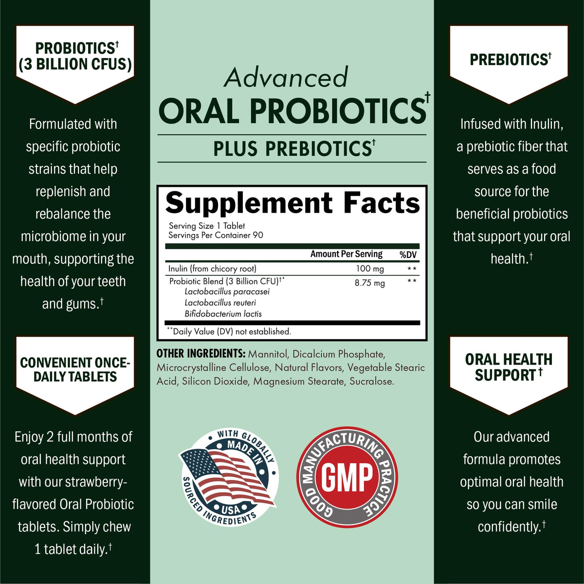 Oral Probiotics Supplement with Prebiotics, Strawberry Flavor, 60 Tablets