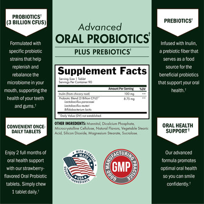 Oral Probiotics Supplement with Prebiotics, Strawberry Flavor, 60 Tablets