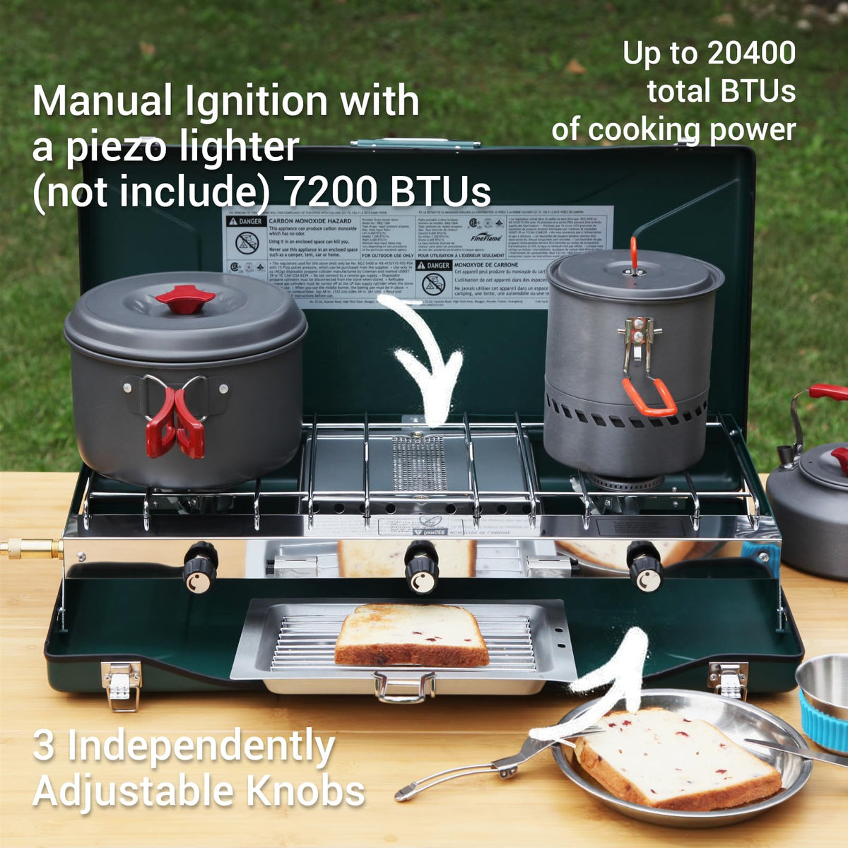 FineFlame Camping Stove 3 Burner 20400 BTU Propane Portable Stove with Regulator