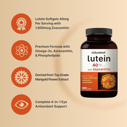 Lutein 40mg + Zeaxanthin 1,600mcg, 360 Softgels | 4-in-1 Formula with Astaxanthin, Omega-3 & Phospholipids | Marigold Flower Extract | Supports Eye, Brain & Vision Health | Non-GMO, Gluten Free
