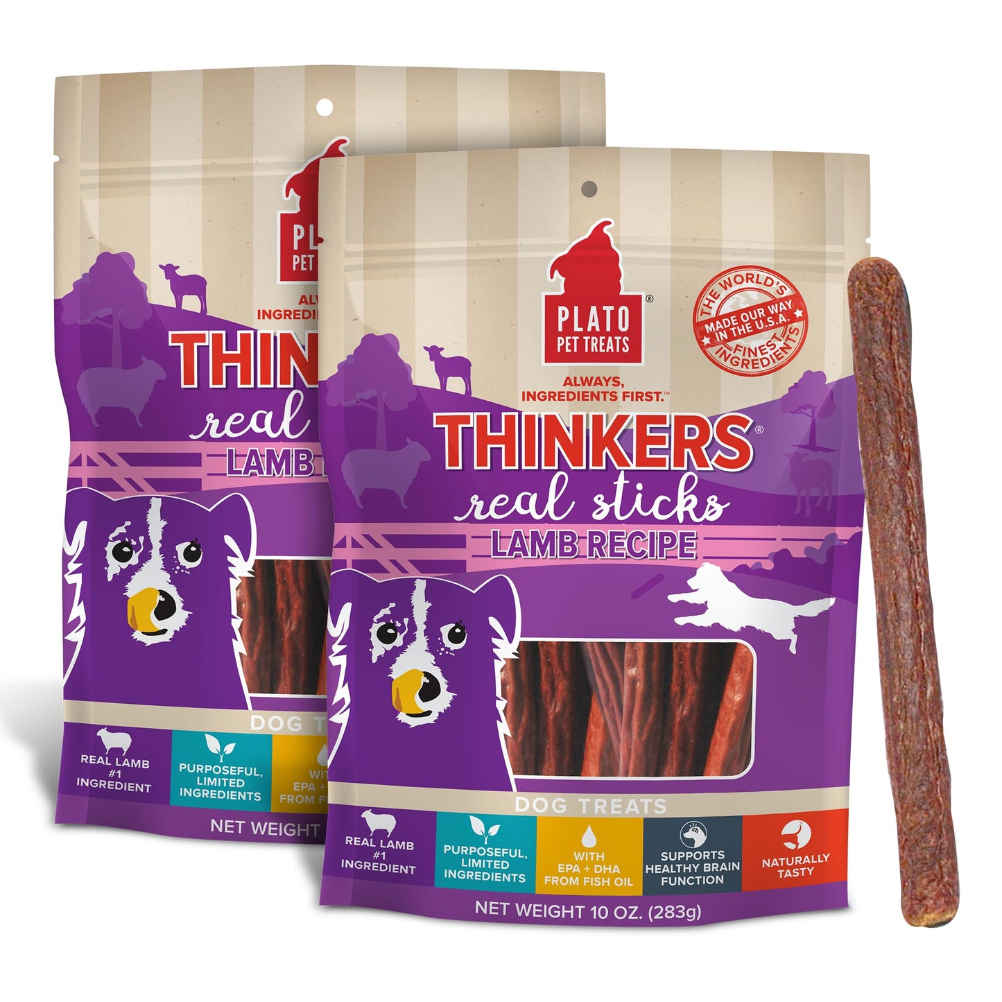 Plato Pet Treats Thinkers - Meat Stick Treats for Dogs - Limited Ingredient with EPA and DHA to Support Skin, Coat, and Brain - Air-Dried - Thinkers Salmon 10oz - 2 Pack
