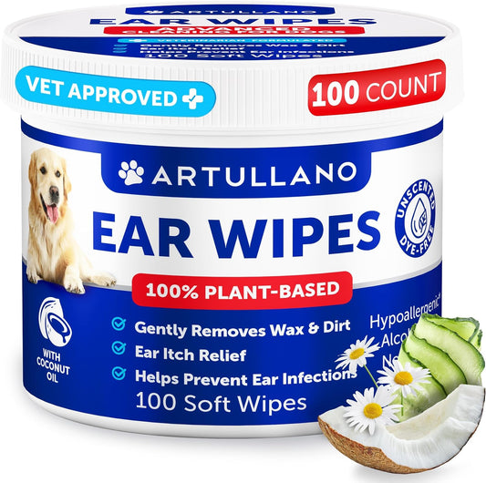Dog Ear Wipes - 100 ct - Removes Wax and Dirt - Soothing Ear Cleaner Wipes for Dogs, Puppies - 100% Plant Based, Unscented with Coconut Oil - Ear Infection Treatment to Relief Itching & Inflammation