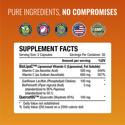 Approved Science Liposomal Vitamin C with Quercetin - 1100 mg - 60 Capsules - Immune Support, Boost Collagen, Antioxidant - High Absorption - Fat Soluble - Non GMO - Vegan - Made in the USA