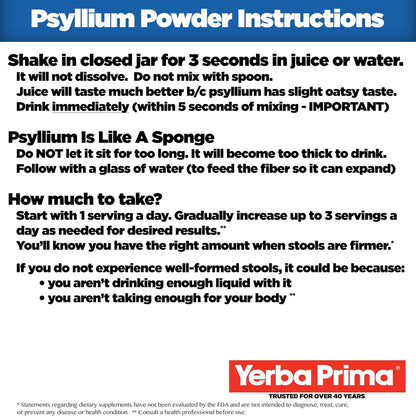 Yerba Prima Psyllium Husk Powder - 24 oz - Fine Ground, Unflavored, Sugar Free - Natural Fiber Supplement - Also for Baking - Contains Both Soluble & Insoluble Bulk for Regularity Support