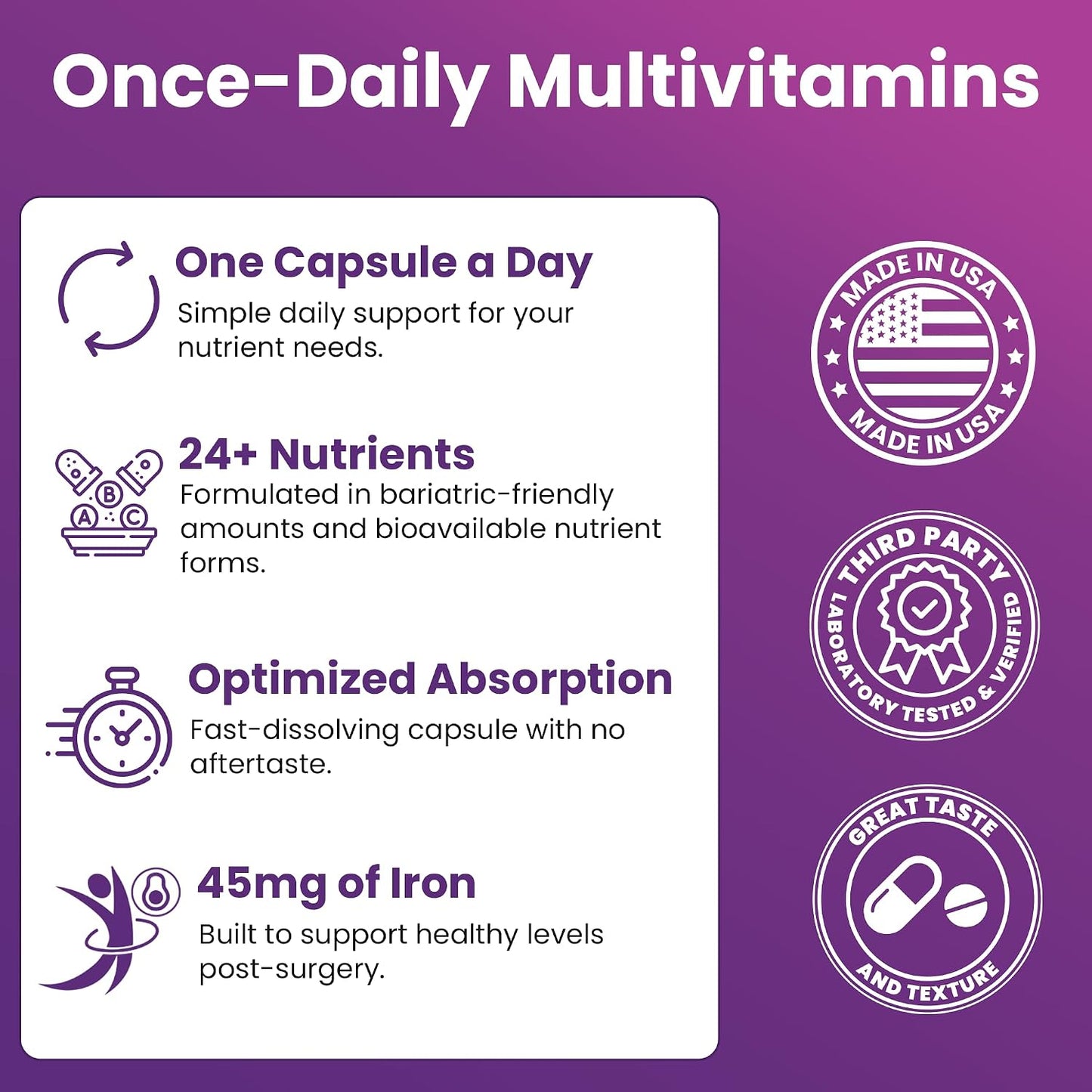 Special-45 Bariatric Multivitamin | Reduced B12 | Capsule | 90ct | Post-Op Bariatric Vitamins for Gastric Bypass, Sleeve, Duodenal Switch & Sustain Recovery (3 Month Supply) - Made in USA