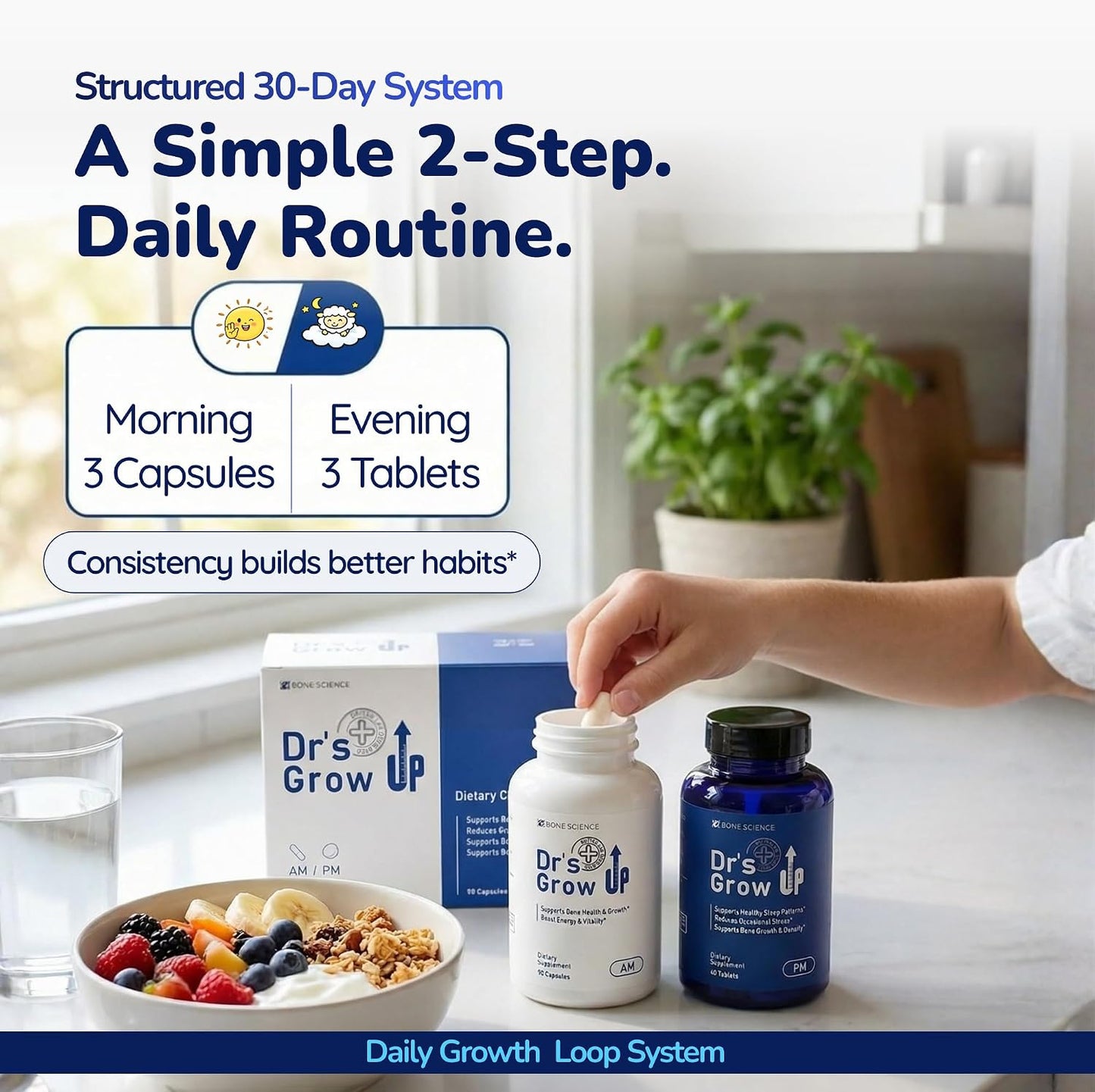 BONE SCIENCE Dr’s Grow UP AM & PM Bone and Growth for Kids and Teens, Day and Night System, Daily Formula with Highly Absorbable Essential Minerals, Vitamin D3 and K2 (MK-7)