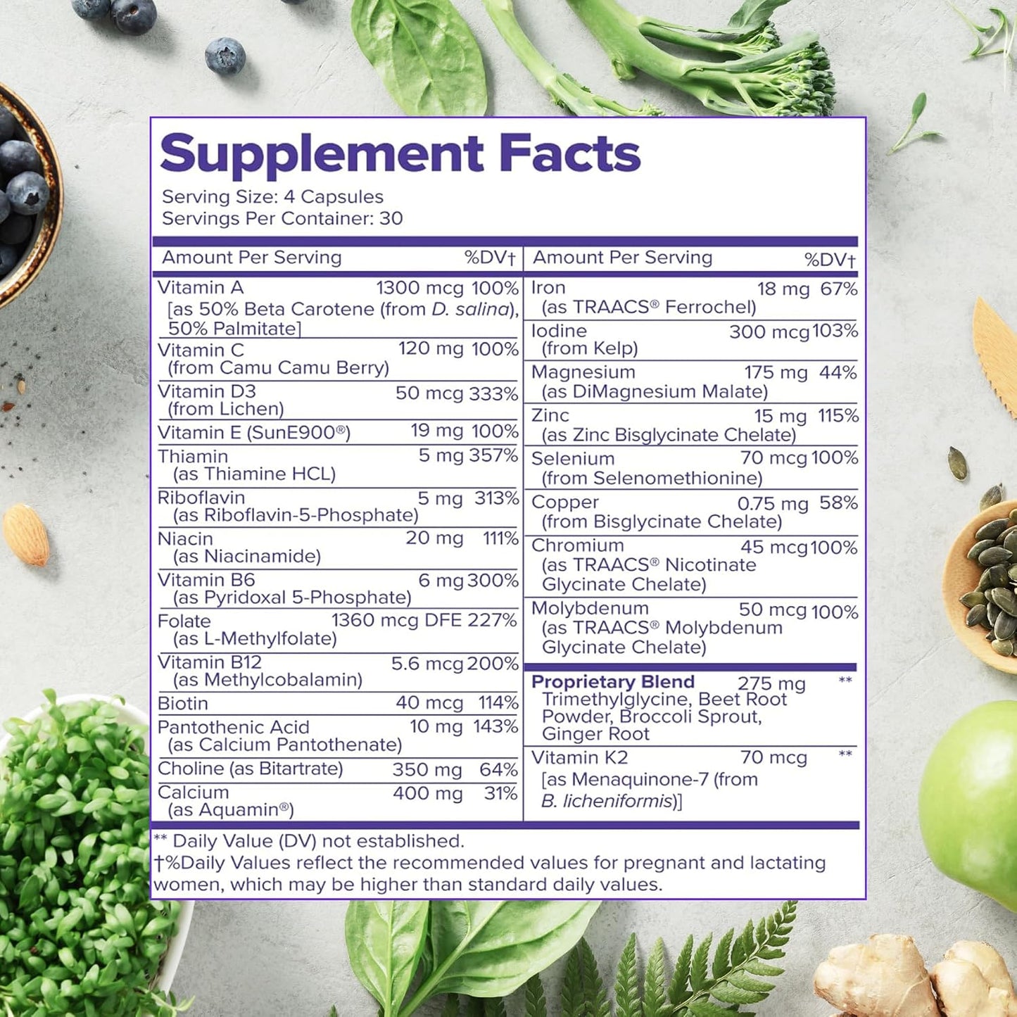 Whole Food Prenatal Vitamins (120 Capsules) Natural Support for Maternal and Fetal Health, Prenatal Multivitamin for Women with Choline, B Vitamins and More, Vegan, No Soy, Gluten or Dairy