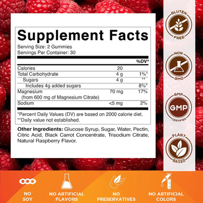 Vitamatic Magnesium Citrate Gummies, 600 mg, 60 Vegan Gummies | 600 mg Magneisum Citrate Per Serving with 70 mg of Elemental Mg, Natural Raspberry Flavor, Non-GMO, Gluten Free, Pectin Based