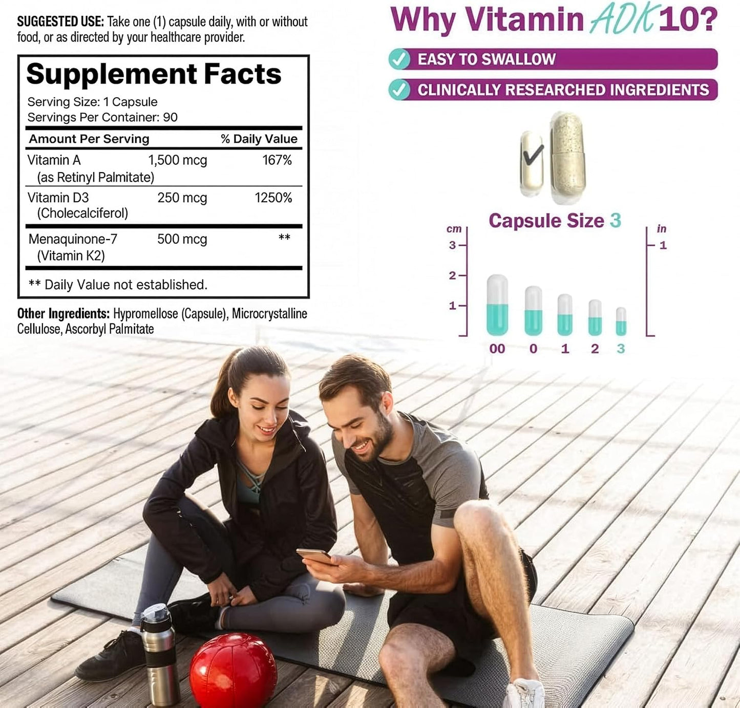 NatureGenX ADK10 – Vitamins A, D3 250 mcg & K2 MK-7 for Bone, Heart & Immune Health – Non-GMO, Gluten-Free, Soy-Free – 90 Capsules (3-Month Supply) | For Bone, Heart & Immune Health - Non-GMO, Gluten-Free, Soy-Free - 90 Capsules (3-Month Supply)
