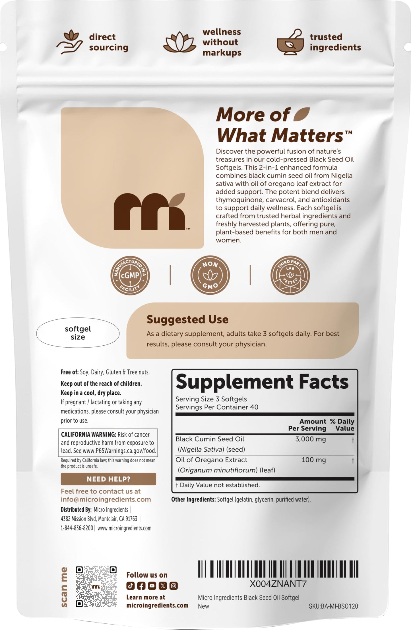 Micro Ingredients Black Seed Oil Softgels, 3,000mg, 240 Count | 2-in-1 Formula with Oil of Oregano, Carvacrol & Thymoquinone | Plant Based, Non-GMO