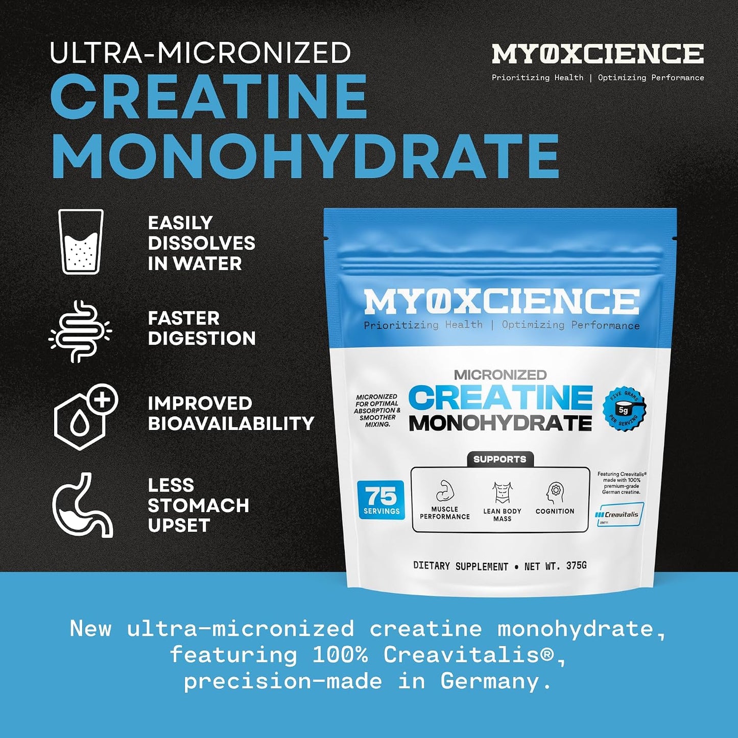 MYOXCIENCE Micronized Creavitalis Creatine | The World’s Purest Micronized Form of Creatine Monohydrate | Supports Muscle Performance, Lean Body Mass, & Cognition | 75 Servings