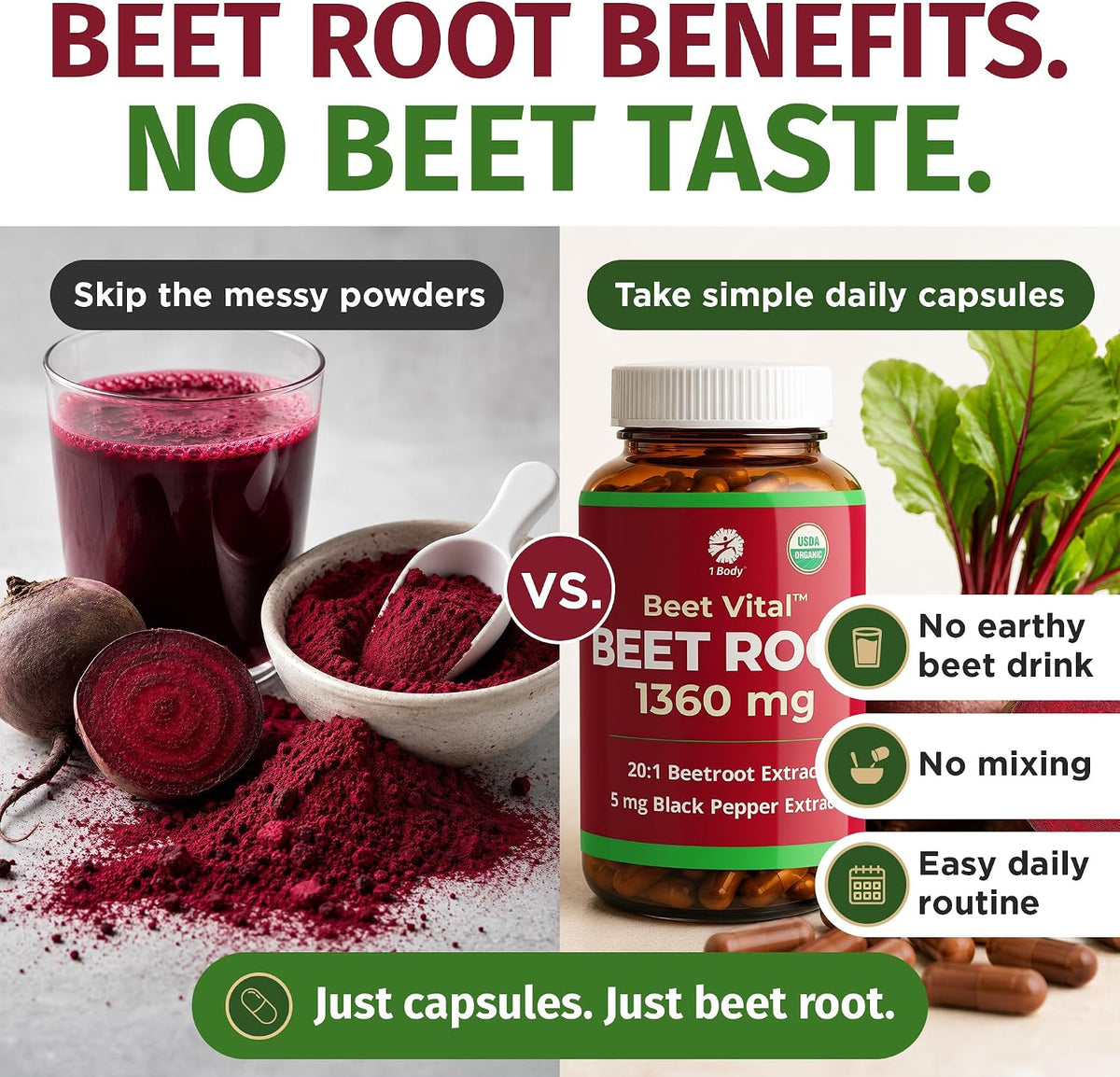 1 Body Beet Root Capsules 1360mg, 20:1 Extract, Beet Vital, 60 Caps