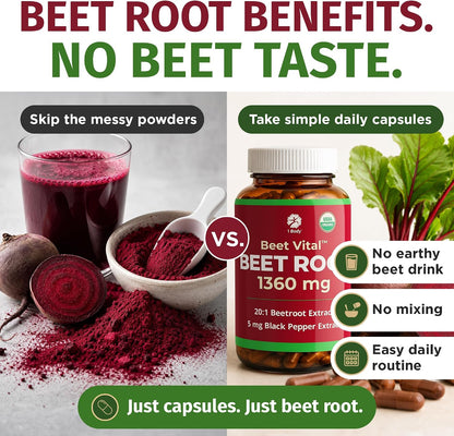 1 Body Beet Root Capsules 1360mg, 20:1 Extract, Beet Vital, 60 Caps