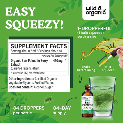 Wild & Organic Saw Palmetto for Men & Women - Urinary Tract & Hair Support - Saw Palmetto Extract Liquid Drops - Add to Tea - Serenoa Repens Berries Supplement - Vegan, Sugar & Alcohol-Free - 4 fl oz