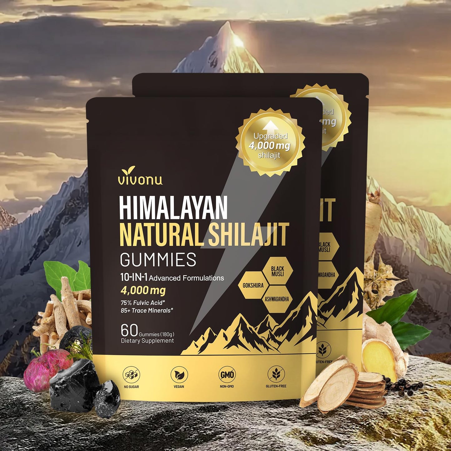 VivoNu Shilajit* Gummies,Pure Himalayan* micronutrient Supplement, Himalayan Premium Ingredient with Shilajit, Ashwagandha, Gokshura, Fulvic Acid & 85+ Trace Minerals I for Men & Women (4000MG/1 Bag)