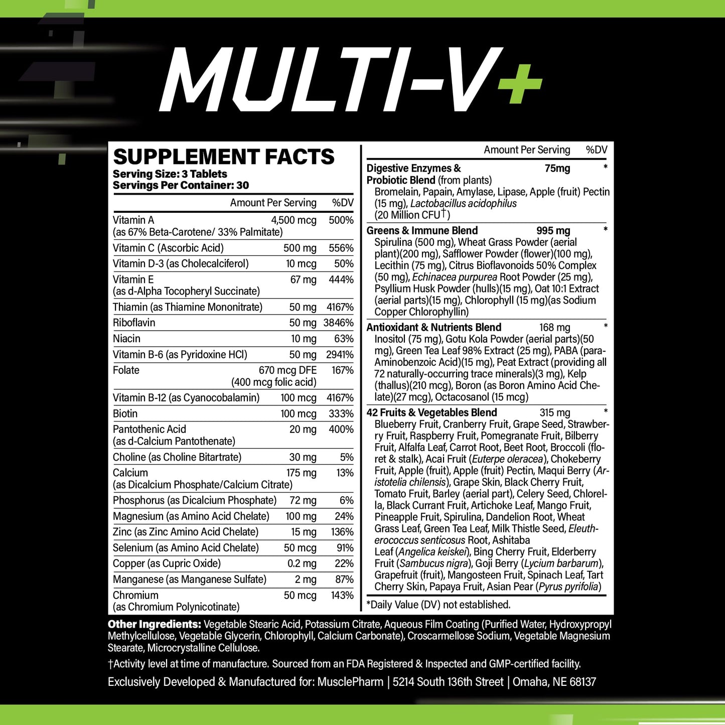 Muscle Pharm Essentials Multi-V+, The Athlete's Multi-Vitamin, Enhanced Energy, Performance & Immune Health, Daily Multivitamin for Men & Women with Minerals Plus Probiotics, 90 Tablets, 30 Servings