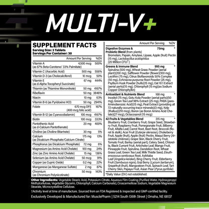 Muscle Pharm Essentials Multi-V+, The Athlete's Multi-Vitamin, Enhanced Energy, Performance & Immune Health, Daily Multivitamin for Men & Women with Minerals Plus Probiotics, 90 Tablets, 30 Servings
