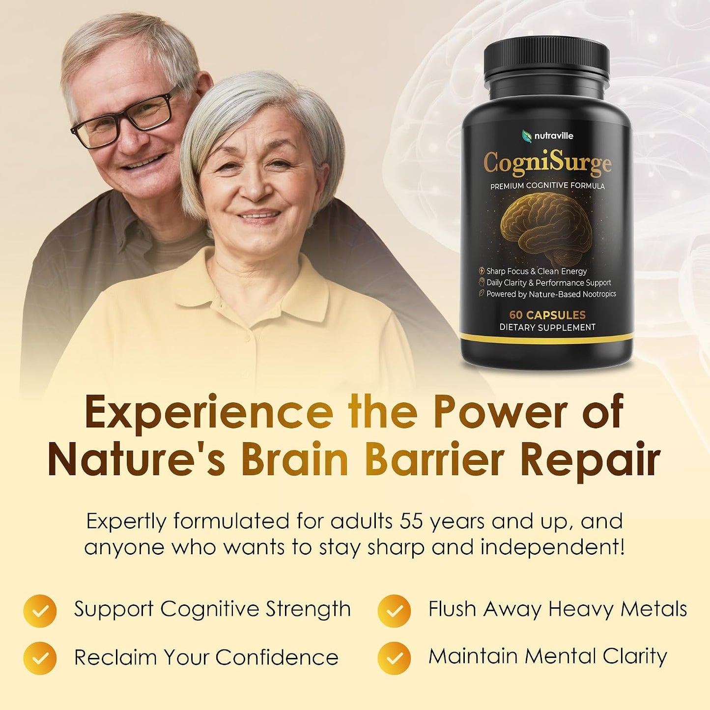 CogniSurge Nootropics Brain Support Supplement for Memory and Focus | Nature-Powered Lion's Mane Supplement Capsules with Shilajit, No Caffeine or Stimulants, 60 Count