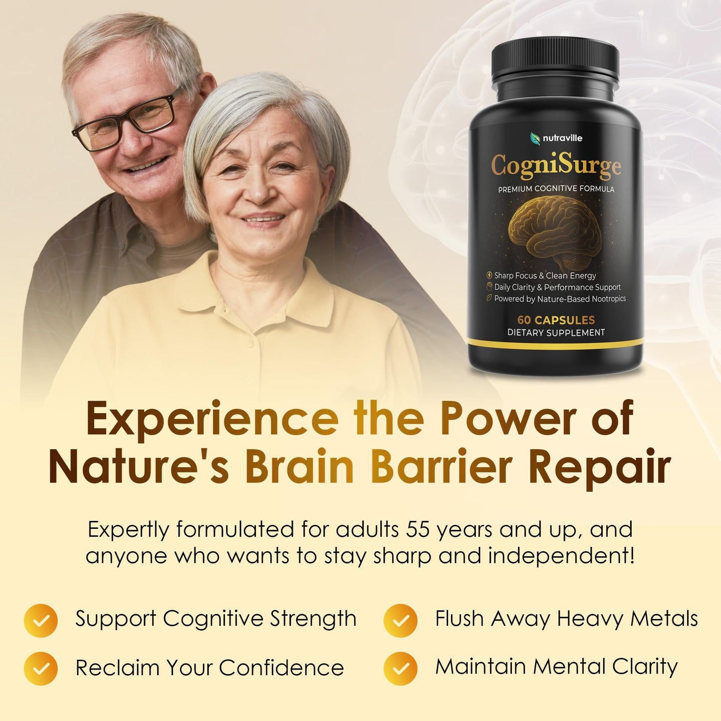 CogniSurge Nootropics Brain Support Supplement for Memory and Focus | Nature-Powered Lion's Mane Supplement Capsules with Shilajit, No Caffeine or Stimulants, 60 Count