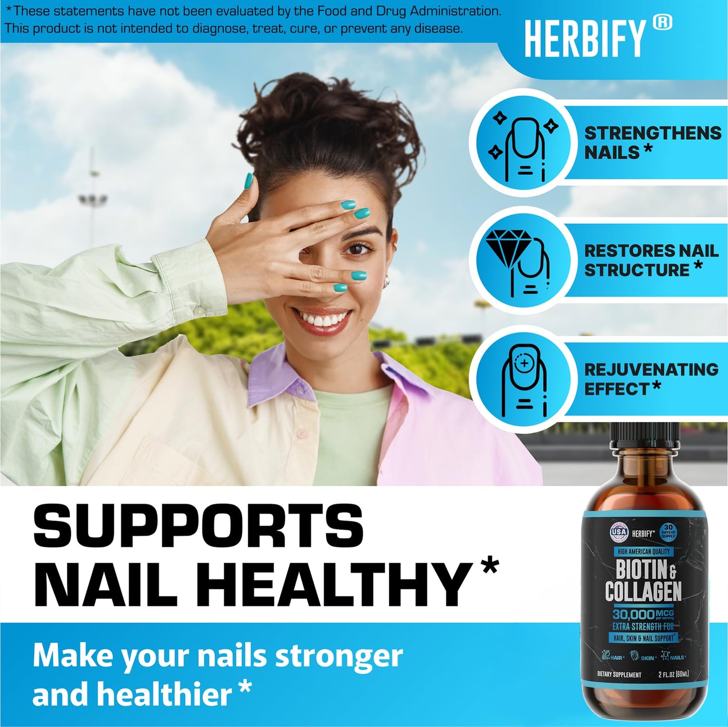 HERBIFY Liquid Biotin and Collagen Drops for Women & Men, 30 Days of Supply - Support Hair, Skin & Nails - Liquid Collagen for Women - 2 FL Oz Made in USA