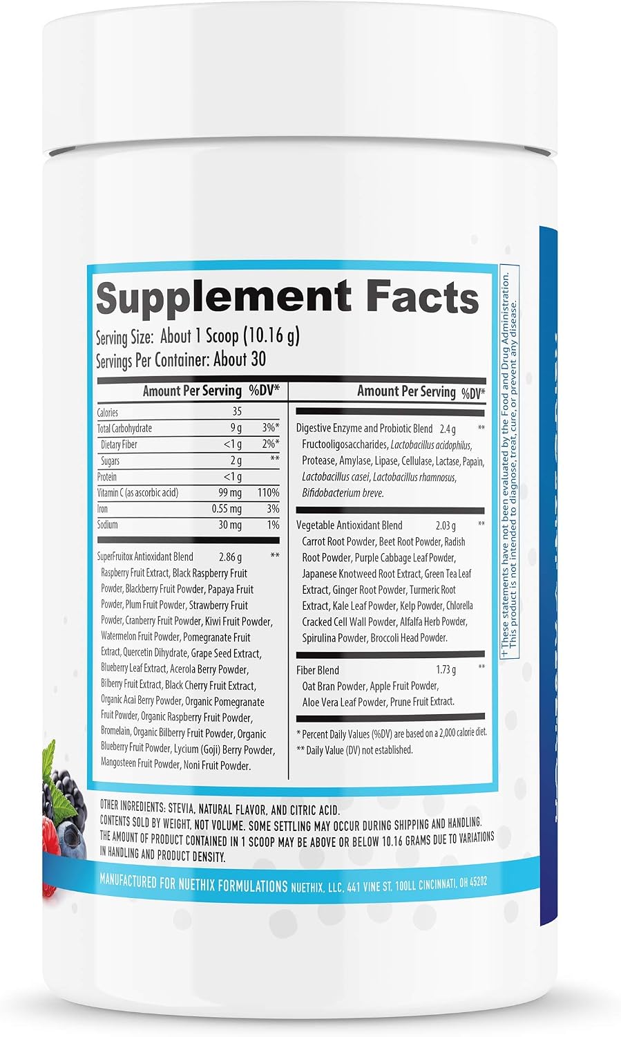 NuEthix Formulations Gourmet Greens Drink Powder Dietary Supplement with Fruit and Vegetable Superfoods and Probiotics, Berry, 30 Servings