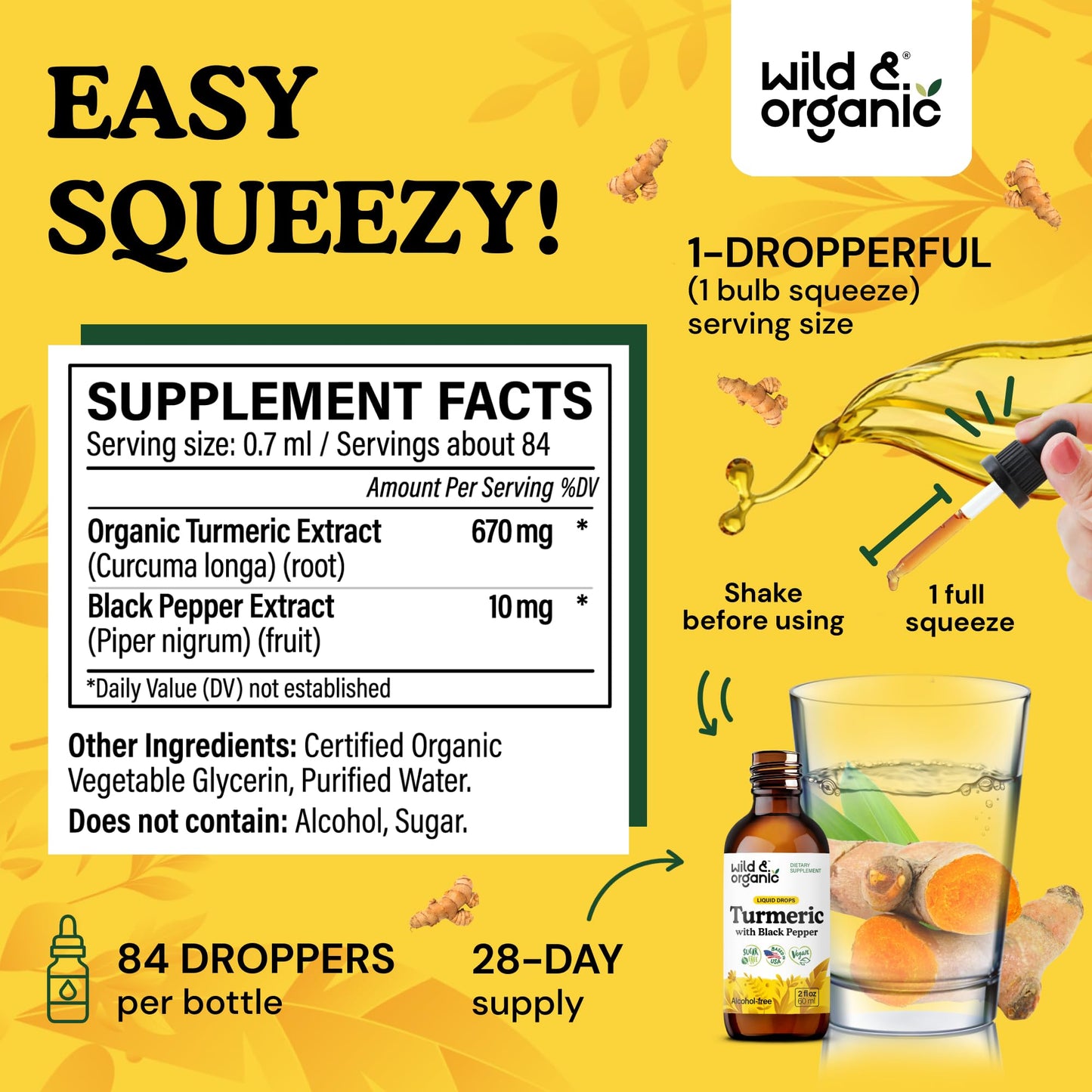 Wild & Organic Turmeric Supplement Liquid Drops - Movement & Immune Support - Liquid Turmeric with Black Pepper Extract - Add to Tea Tincture - Curcumin Supplements - Sugar & Alcohol-Free - 4 fl oz