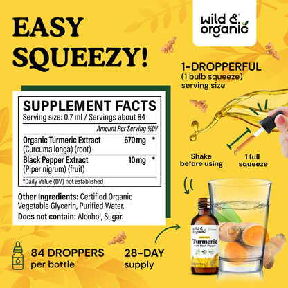 Wild & Organic Turmeric Supplement Liquid Drops - Movement & Immune Support - Liquid Turmeric with Black Pepper Extract - Add to Tea Tincture - Curcumin Supplements - Sugar & Alcohol-Free - 4 fl oz