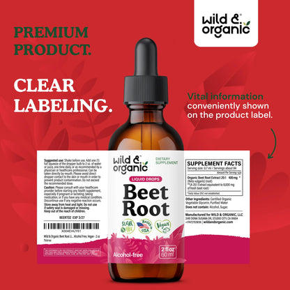 Wild & Organic Beet Root Extract Drops - Energy Support - Liquid Red Beets Supplements - 400 mg per Serving - Mix with Powder - Vegan, Sugar & Alcohol - 4 fl oz