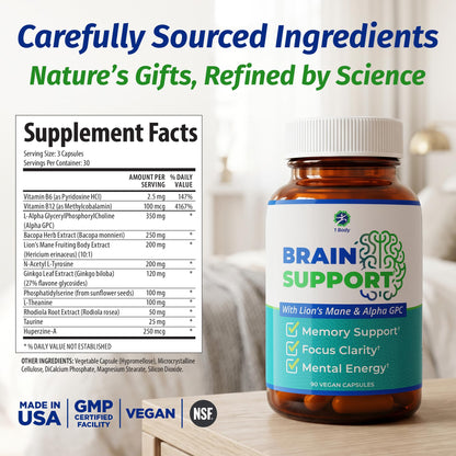 1 Body Brain Support - Bacopa Monnieri, Lion’s Mane for Memory & Focus