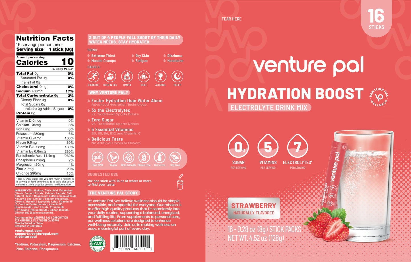 Venture Pal Sugar Free Electrolyte Powder, Liquid Daily IV Hydration Packet | 7 Electrolytes & 5 Vitamins, Electrolytes Dink Mix for Party Recovery & Instantly Hydration, Vegan, Keto-Friendly, 16 Sticks