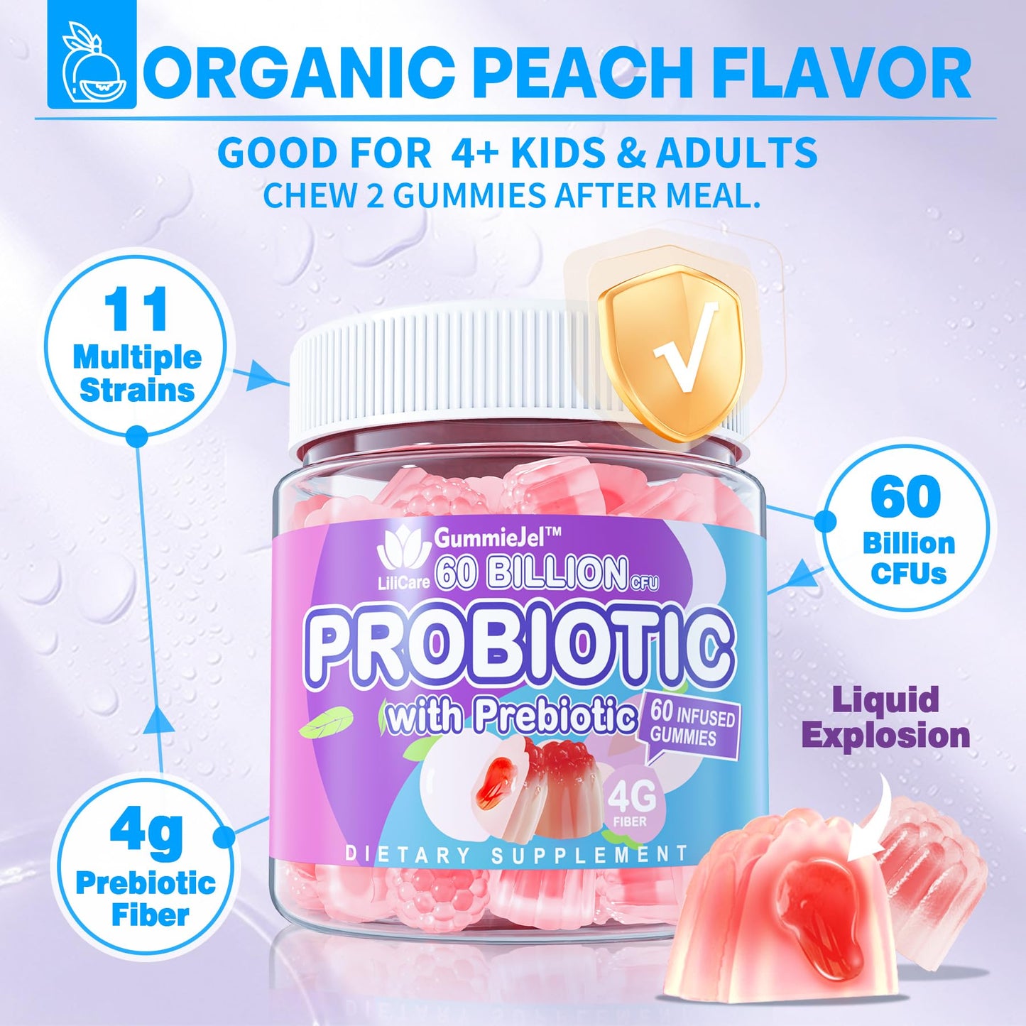 Probiotic Gummies 60 Billion CFU for Women Men & Kids, 11 Strains Probiotics + Organic Prebiotics Fiber for Immune, Digestive Health, Supports Constipation, Diarrhea, Gas & Bloating - Sugar Free, 60ct