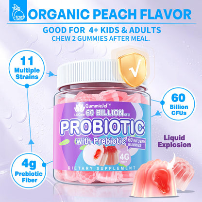 Probiotic Gummies 60 Billion CFU for Women Men & Kids, 11 Strains Probiotics + Organic Prebiotics Fiber for Immune, Digestive Health, Supports Constipation, Diarrhea, Gas & Bloating - Sugar Free, 60ct