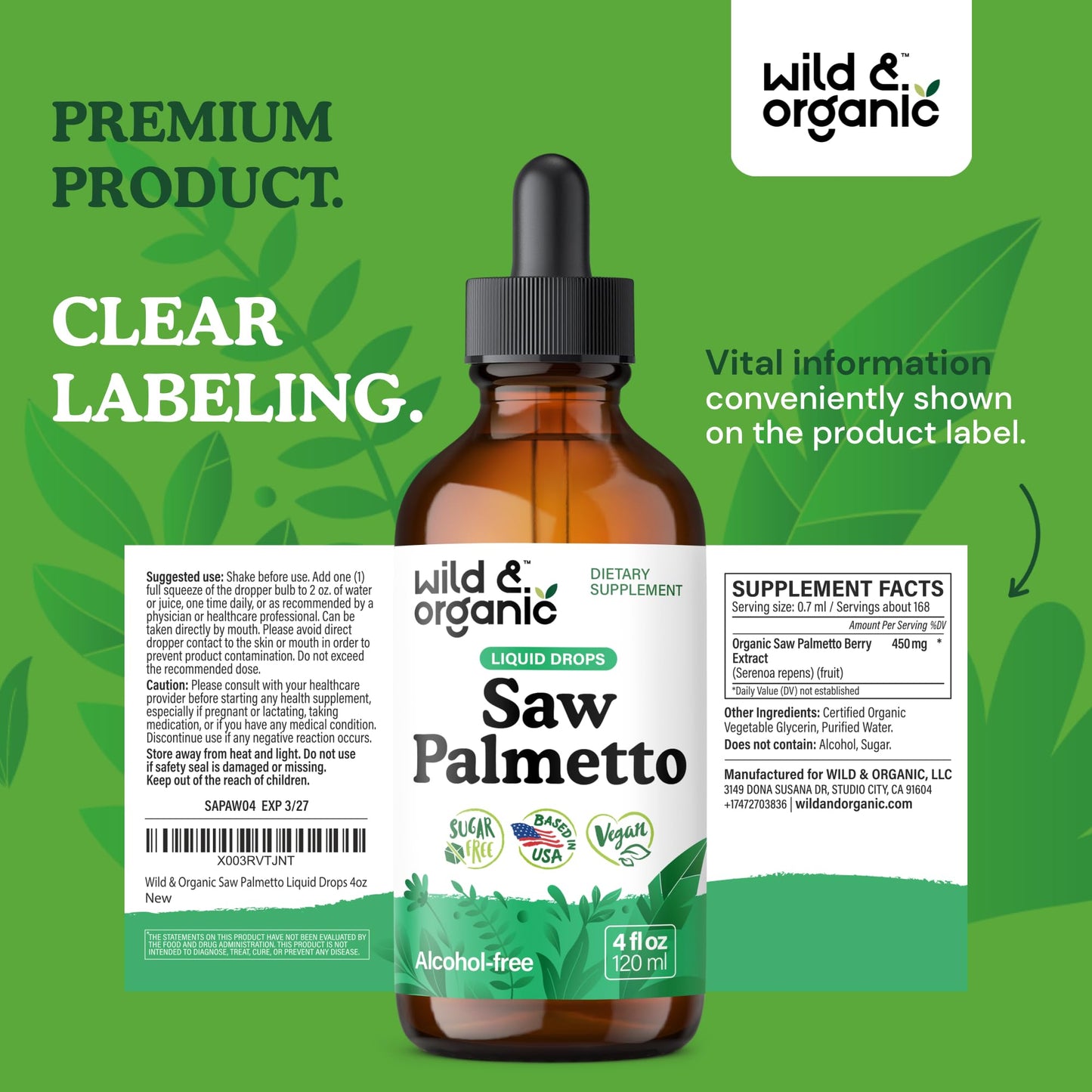 Wild & Organic Saw Palmetto for Men & Women - Urinary Tract & Hair Support - Saw Palmetto Extract Liquid Drops - Add to Tea - Serenoa Repens Berries Supplement - Vegan, Sugar & Alcohol-Free - 4 fl oz
