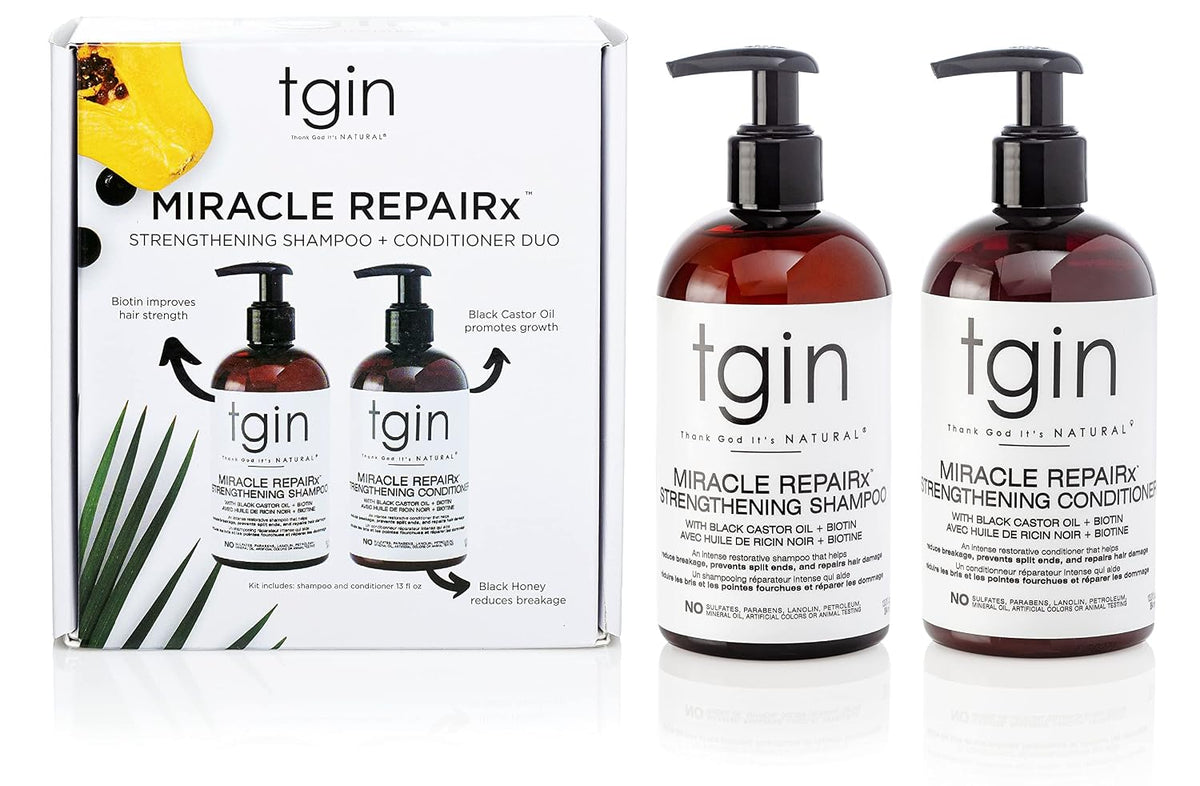 tgin Miracle RepaiRx Strengthening Shampoo and Conditioner Duo for Curly, Coily and Wavy Hair, with Biotin and Black Castor Oil, Repairs and Restores Damaged, Color-Treated Hair, 13 oz (Set)