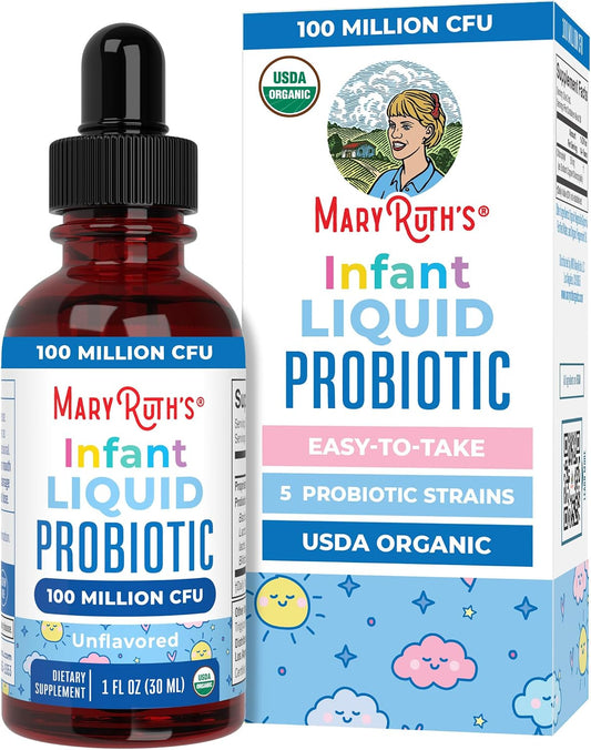 MaryRuth's Organic Infant Liquid Probiotic for Ages 6-12 Months | 100 Million CFU | 5 Probiotic Strains | Probiotics for Infants | Proprietary Probiotic Blend | USDA Organic | Vegan | Unflavored |1 oz